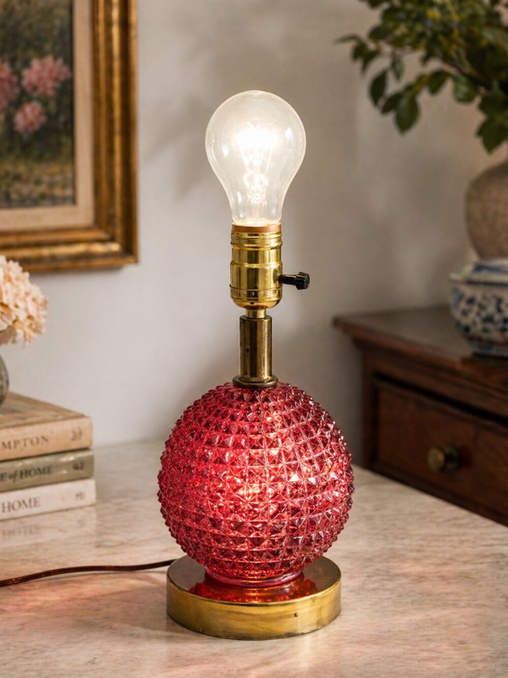 Vintage Red Hobnail Glass Lamp with Brass Body Works Needs Some Cleaning